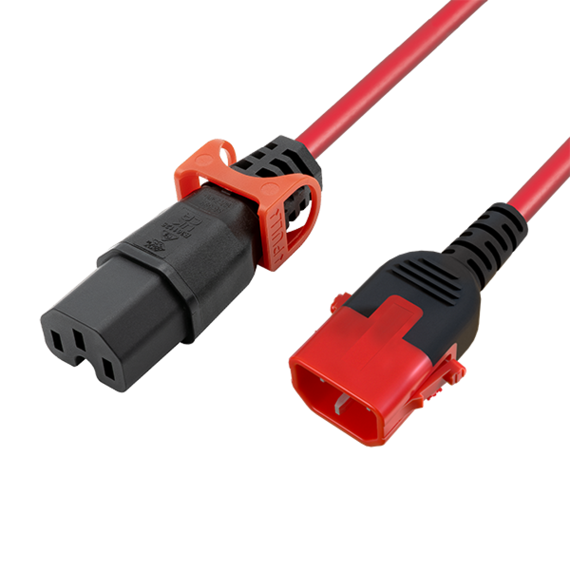 Kaltgeräteverlängerung Dual-Lock C14 - slim C15, IEC Lock, rot, 2 m