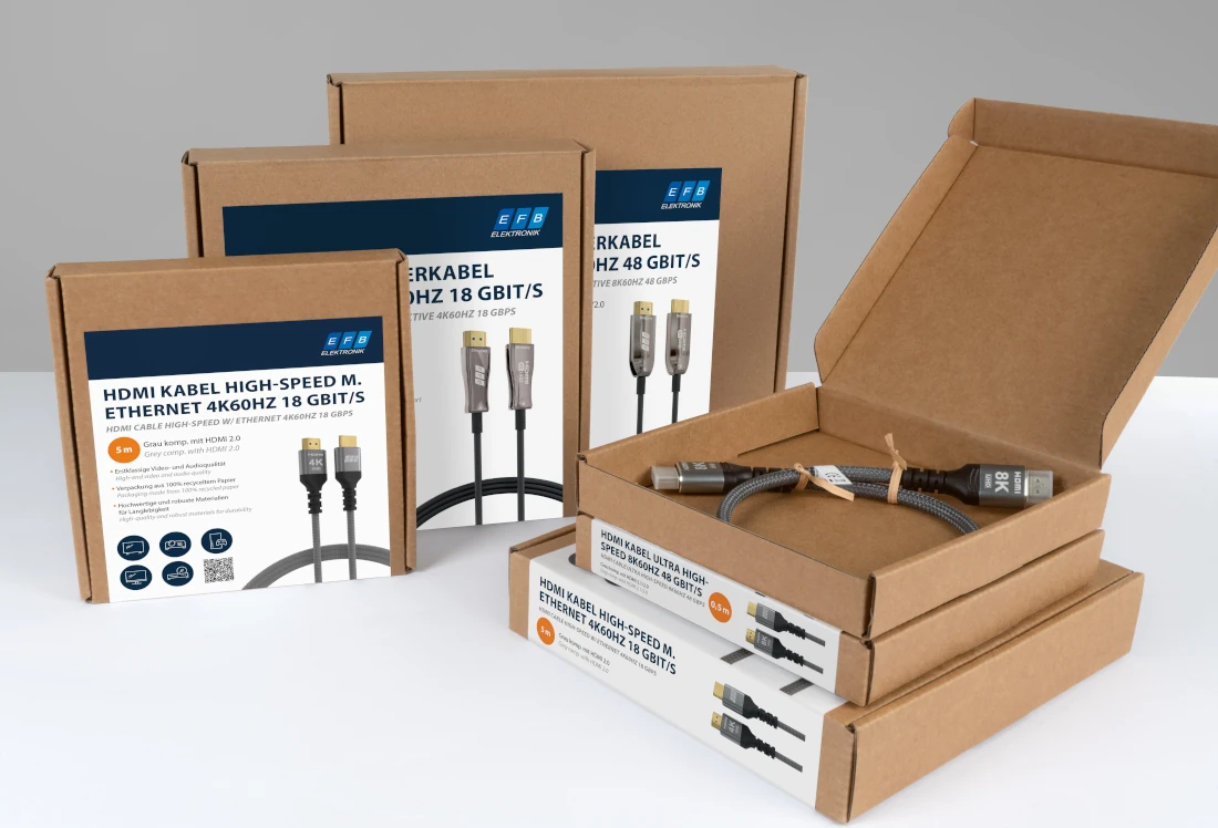 HDMI-Verpackungen und High-Speed-Kabel mit Ethernet von EFB-Elektronik in Kartons