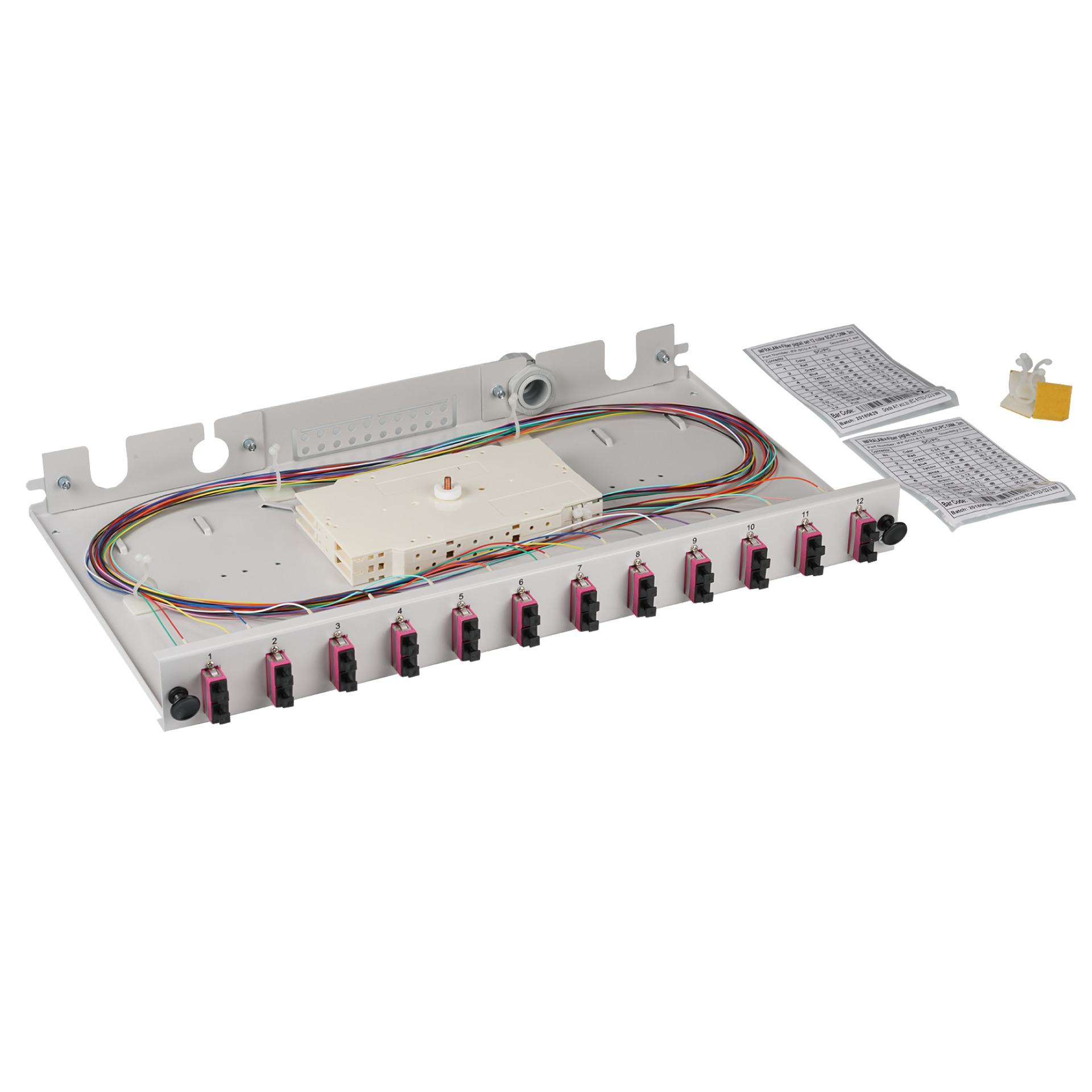 Splice box SC 50/125µ OM4 extendable, 24 pigtails stripped / 12 adapters