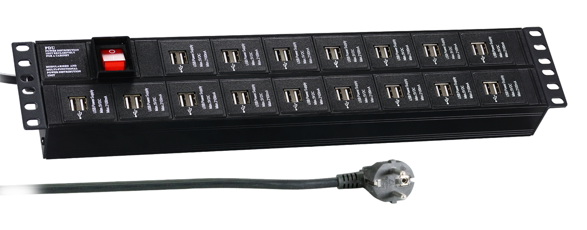 19“ 2U Socket Strip 32 x USB with Switch, Black