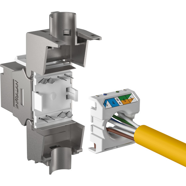 Offenes RJ45 Keystone-Modul E-20091 mit Farbcodierung und gelbem Kabel für einfache und sichere Netzwerkverbindungen in IT-Infrastrukturen