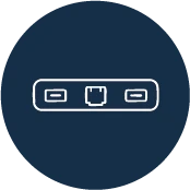 White line drawing of a docking station with USB and network ports on a dark blue background.