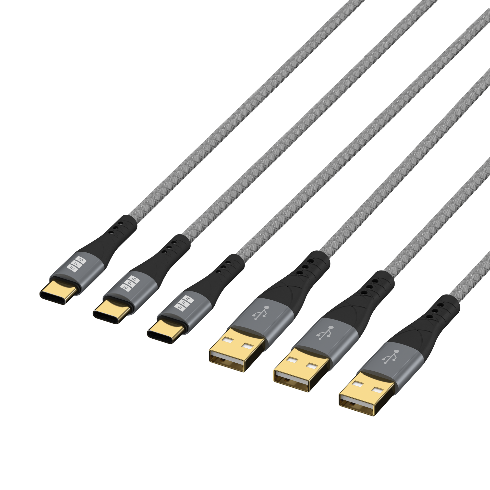 USB-A auf USB-C Kabelset 60W QC 3A 3x2m grau Goldkontakte Textilmantel