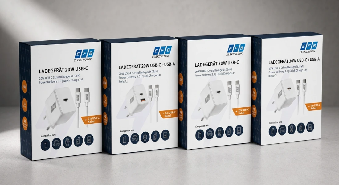 Verpackungen der EFB-Elektronik USB-C Ladegeräte mit GaN-Technologie, Power Delivery 3.0 und Quick Charge 3.0 in 20W und 30W