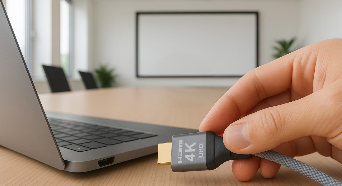 4K HDMI-Kabel wird an Laptop im Besprechungsraum angeschlossen – hochwertige Verbindungslösung für Präsentationen und Konferenzen