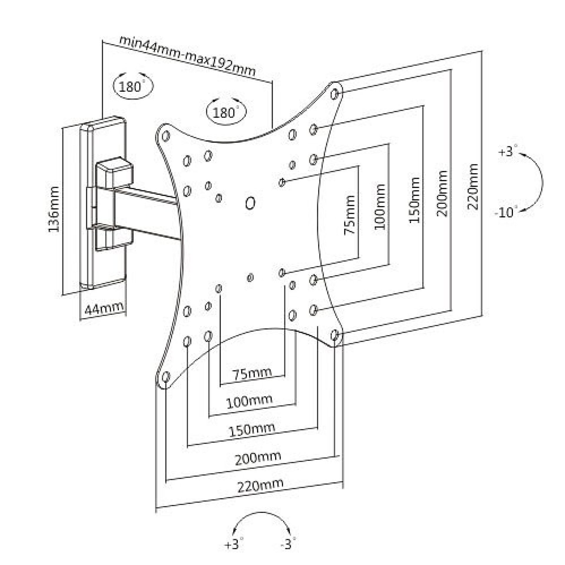 Wandhalterung für 1 LCD TV LED 23"-42" drehbar 2 Gelenke, schwarz