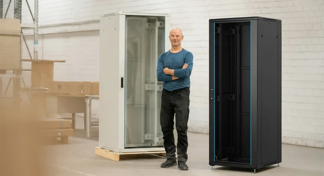 Ein Mann steht in einer Halle vor einem 19" Netzwerkschrank