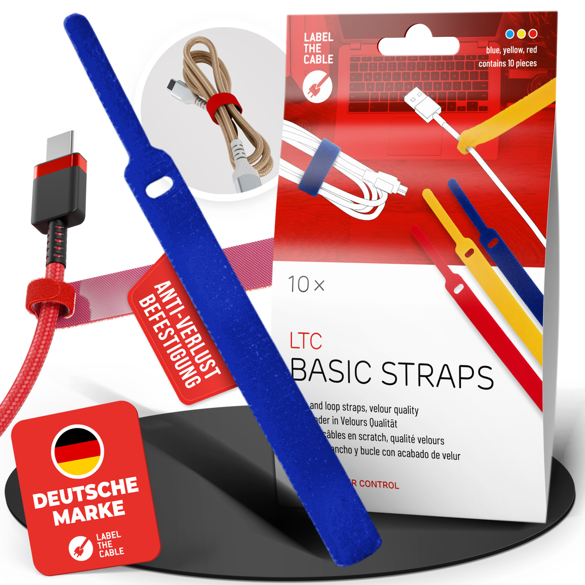 LTC BASIC STRAPS, Klettkabelbinder 10 Stück Set gelb/blau/rot