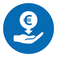 Blaues Icon mit Hand und Euro-Zeichen – Symbol für kostengünstige Netzwerklösungen