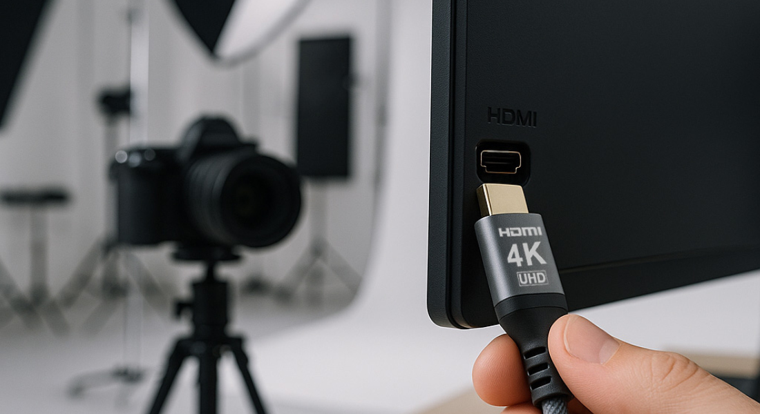 4K HDMI-Kabel wird im Fotostudio an Monitor angeschlossen – perfekte Verbindung für hochauflösende Bildübertragung bei Foto- und Videoaufnahmen