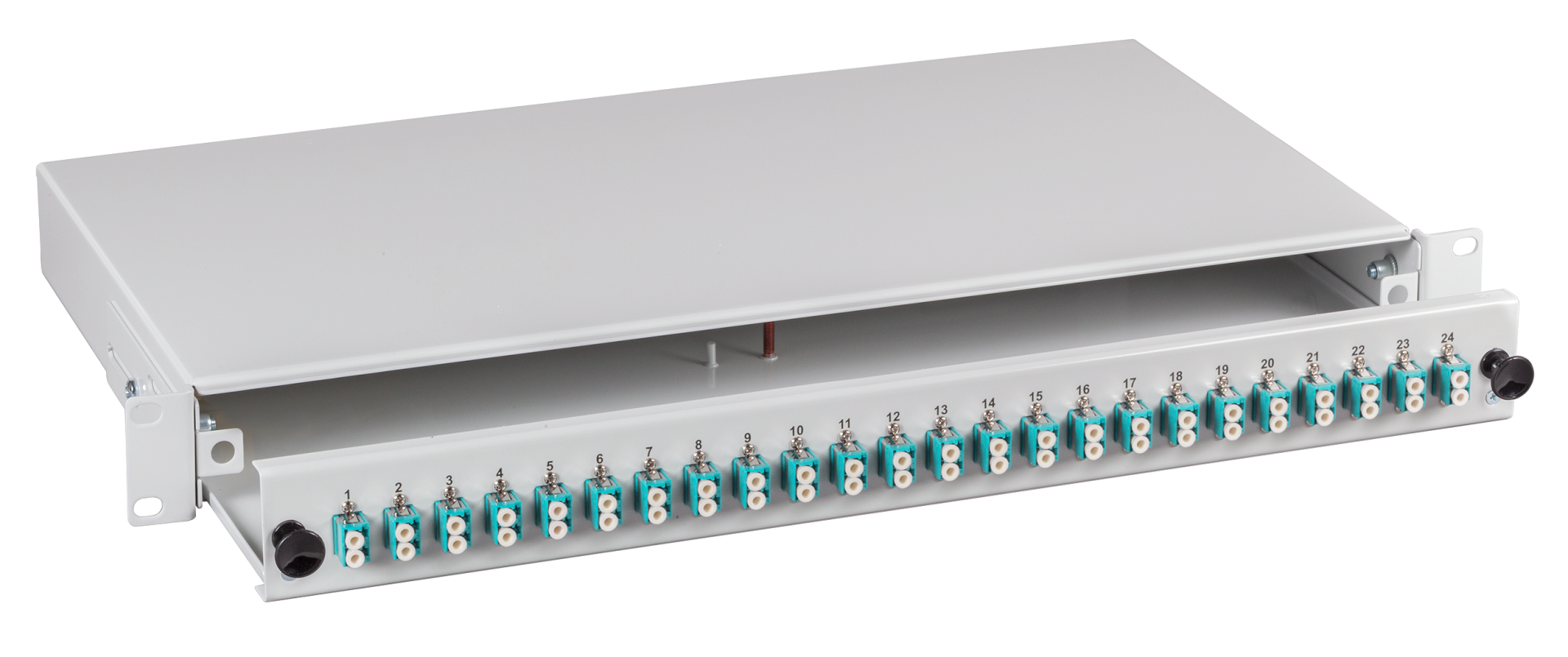 Splice box LC 50/125µ OM3 extendable, 48 pigtails stripped /24 adapters