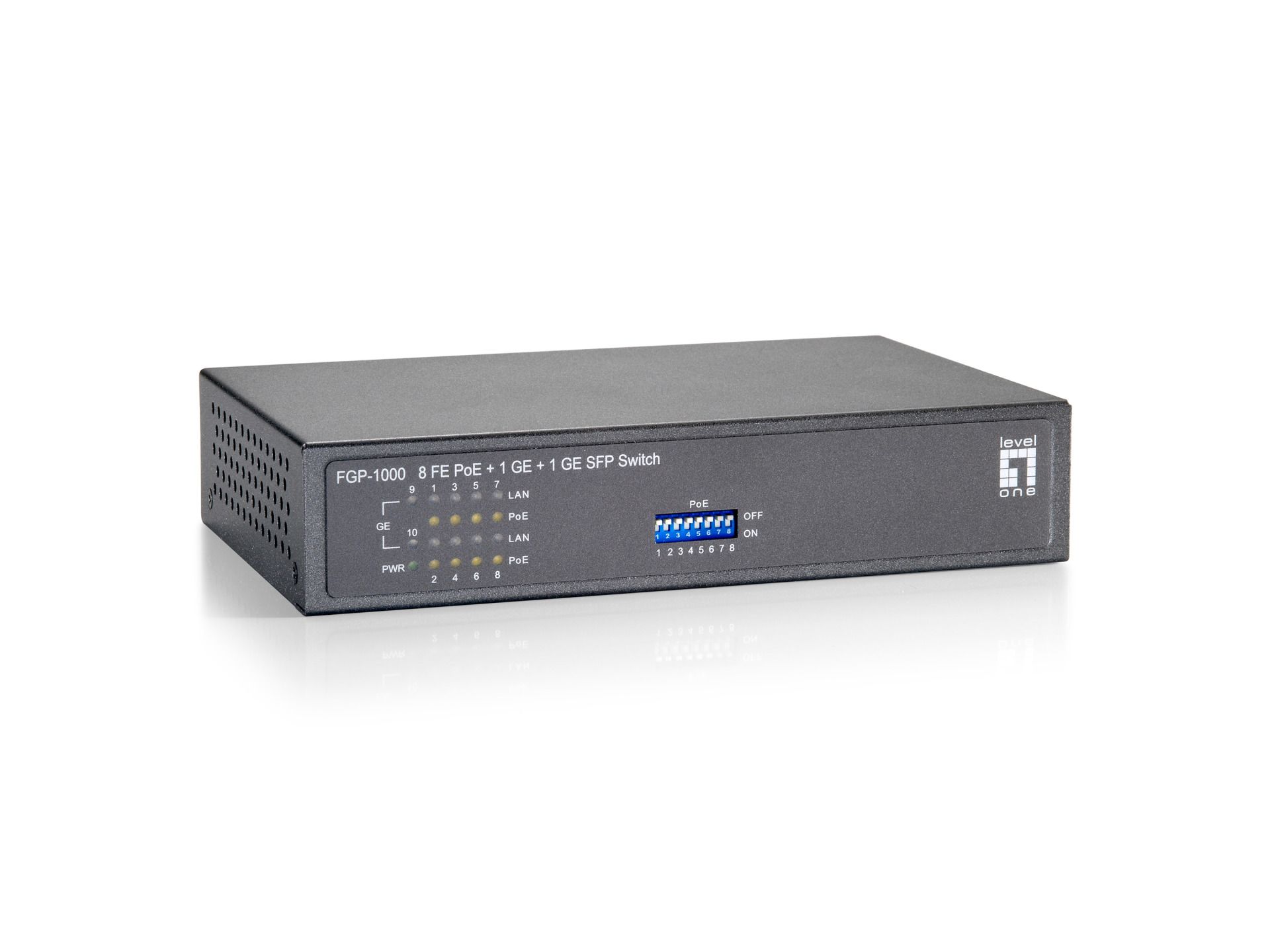 10-Port Fast Ethernet PoE+ Switch, 8x FE PoE+, + 1x GE RJ45, +1x GE SFP (65W) 10-Port Fast Ethernet PoE+ Switch, 8x FE PoE+, + 1x GE RJ45, +1x GE SFP (65W)